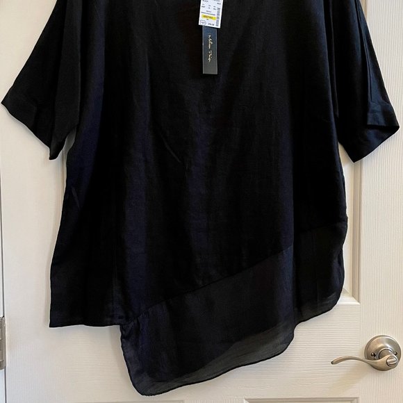 NWT MELISSA PAIGE WOMAN'S BLACK TOP BLOUSE 3/4 SLEEVE BANDING ANGLED HEM SZ M - Picture 2 of 7